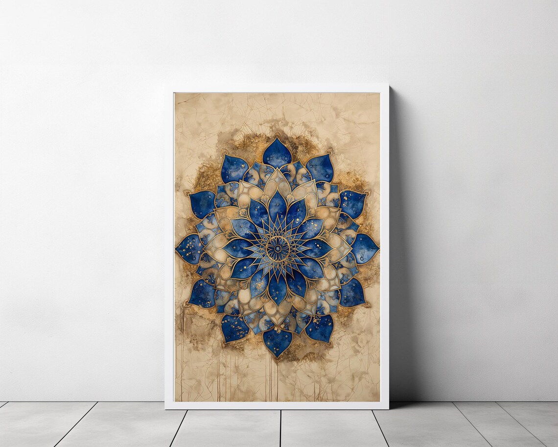 Cobalt Blue Mandala With Gold Details On Aged Parchment Art Poster - Image 3
