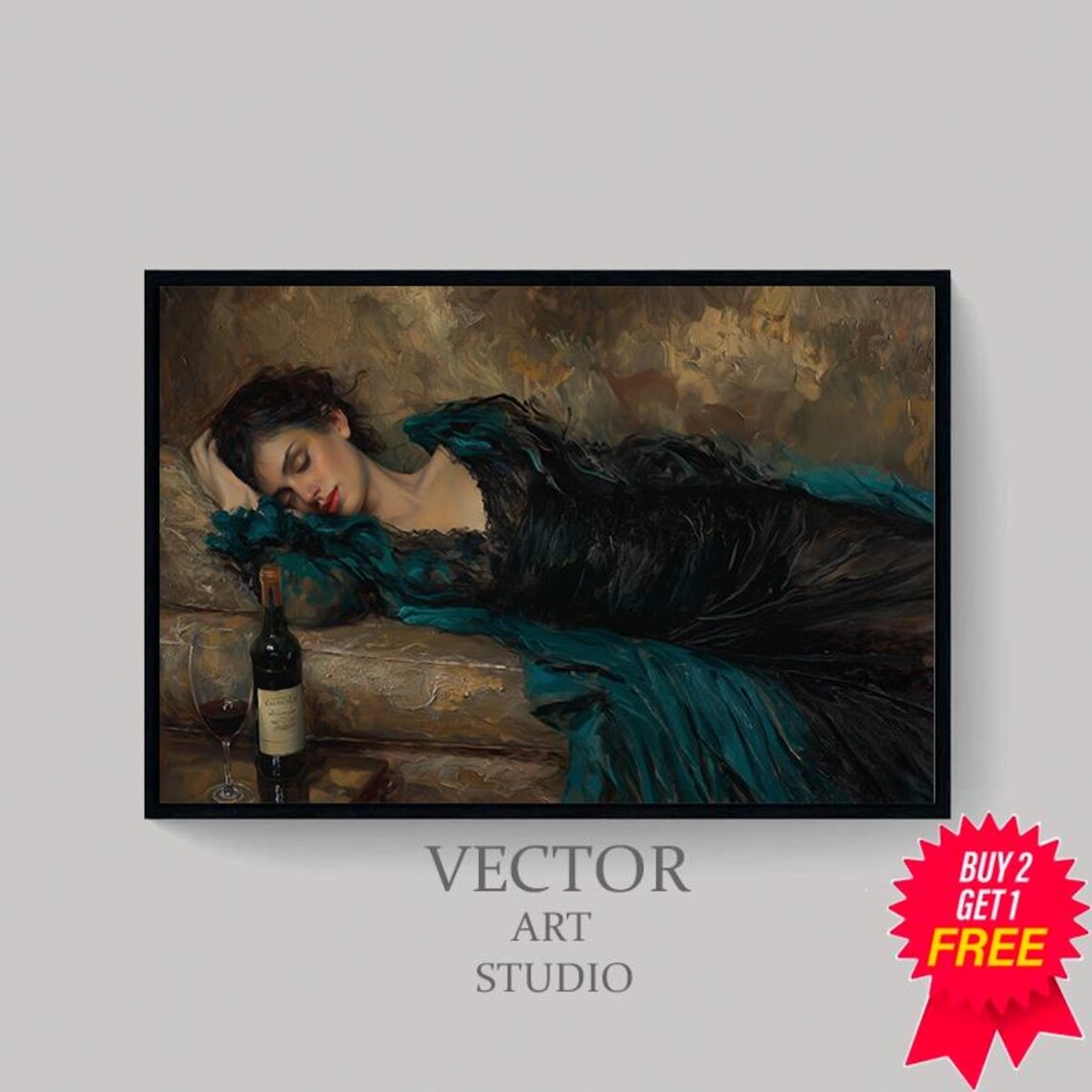 Victorian Woman Lying Down With Wine In A Teal Gown Vintage Oil Painting Poster - Image 4