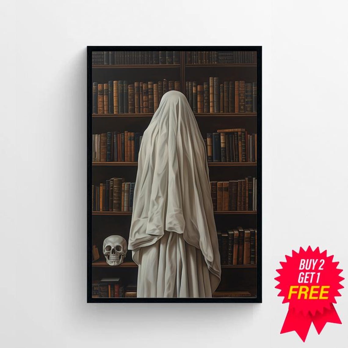 Ghost Reading At Moody Bookshelf With Skull Dark Academia Poster - Image 4