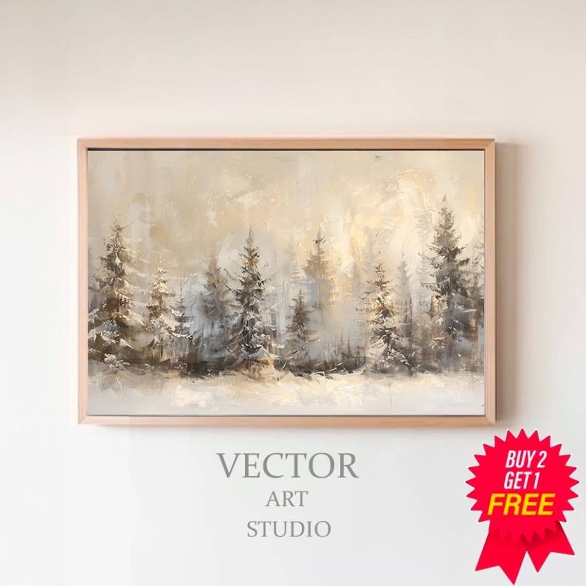 Golden Misty Winter Pine Forest Neutral Beige Landscape Poster