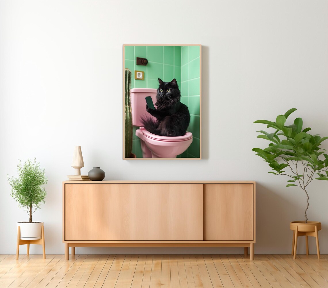 Black Cat Taking Selfie On Pink Toilet Funny Bathroom Poster - Image 2