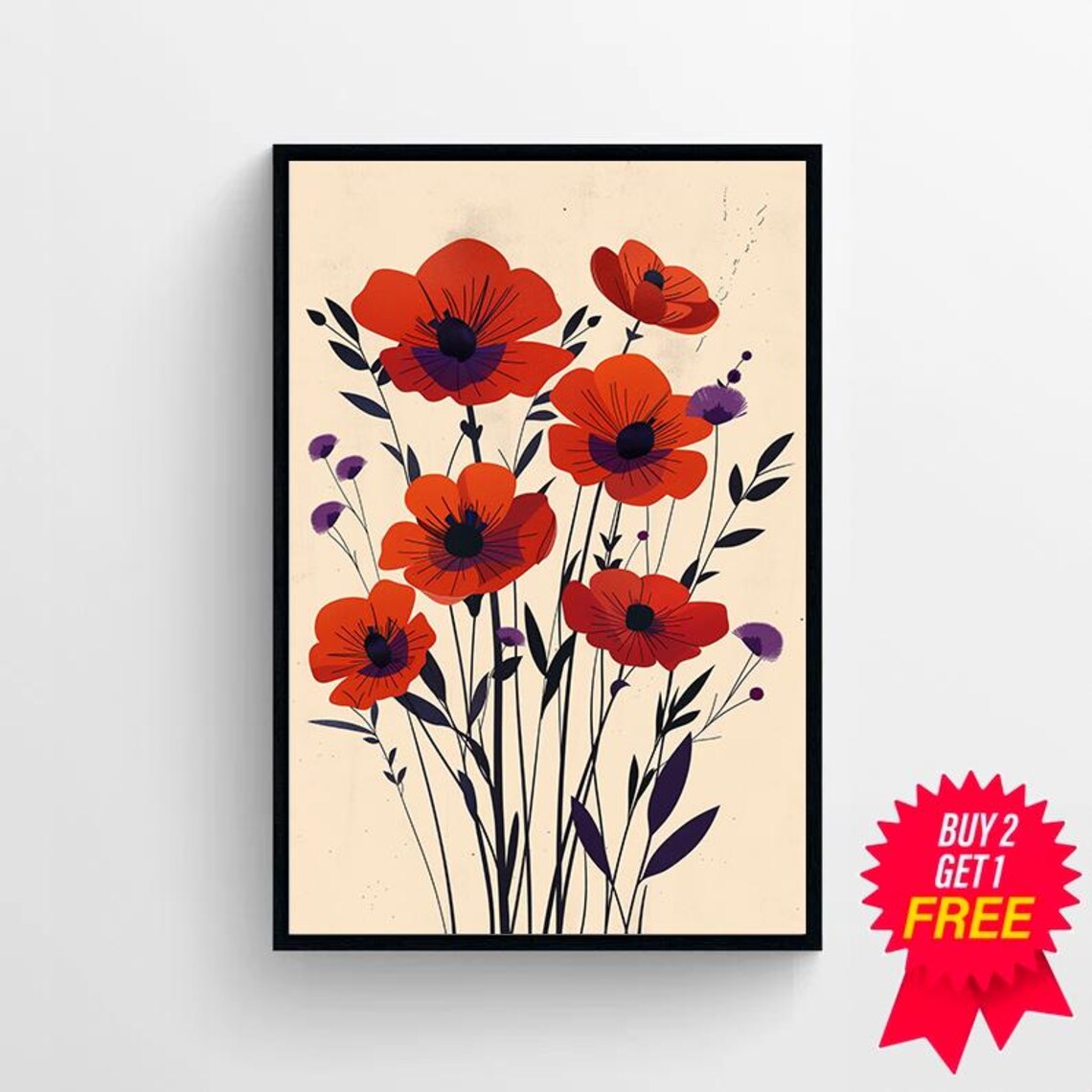 Red Poppies with Purple Wildflower Accents Floral Art Poster - Image 4