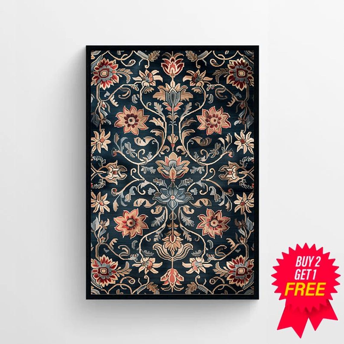 Vintage Navy Tapestry Floral Damask Pattern Textile Style Poster - Image 4