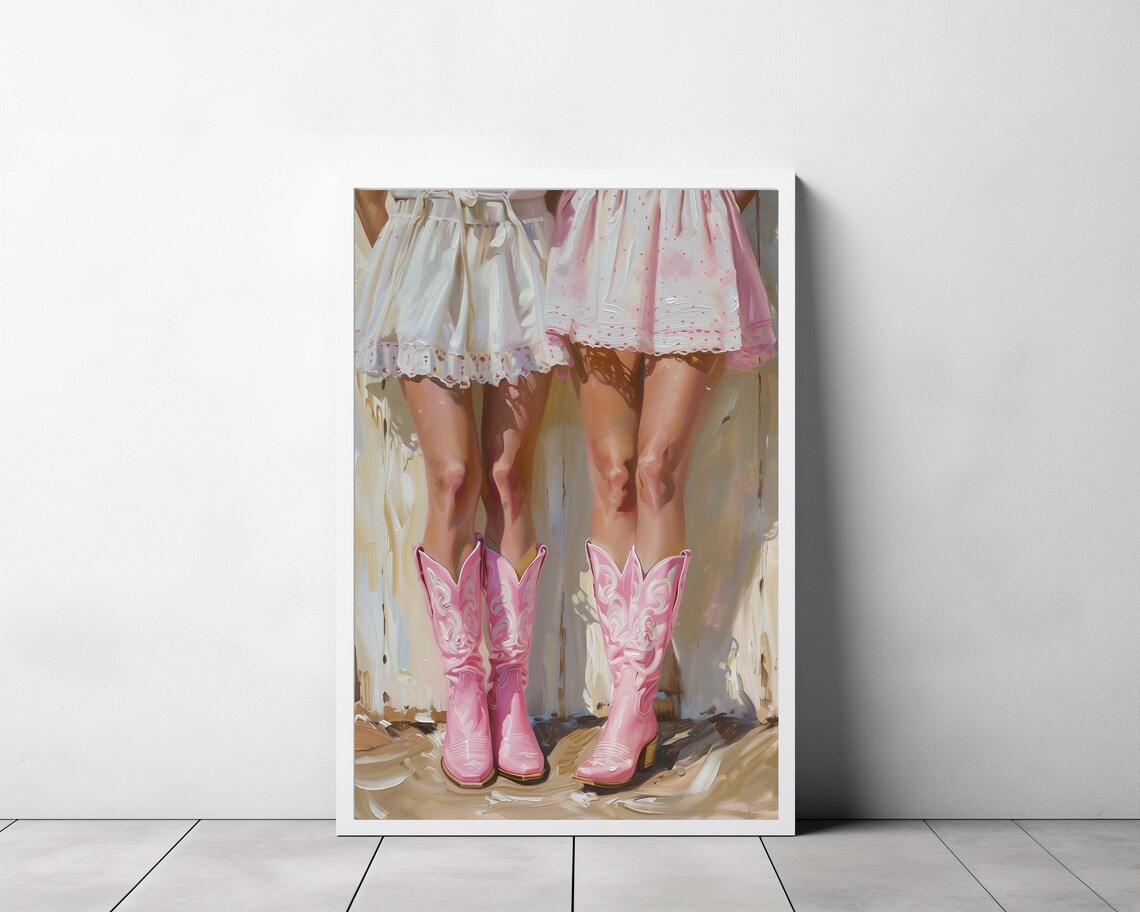 Pink Cowboy Boots with White Ruffle Skirts Western Style Poster - Image 3