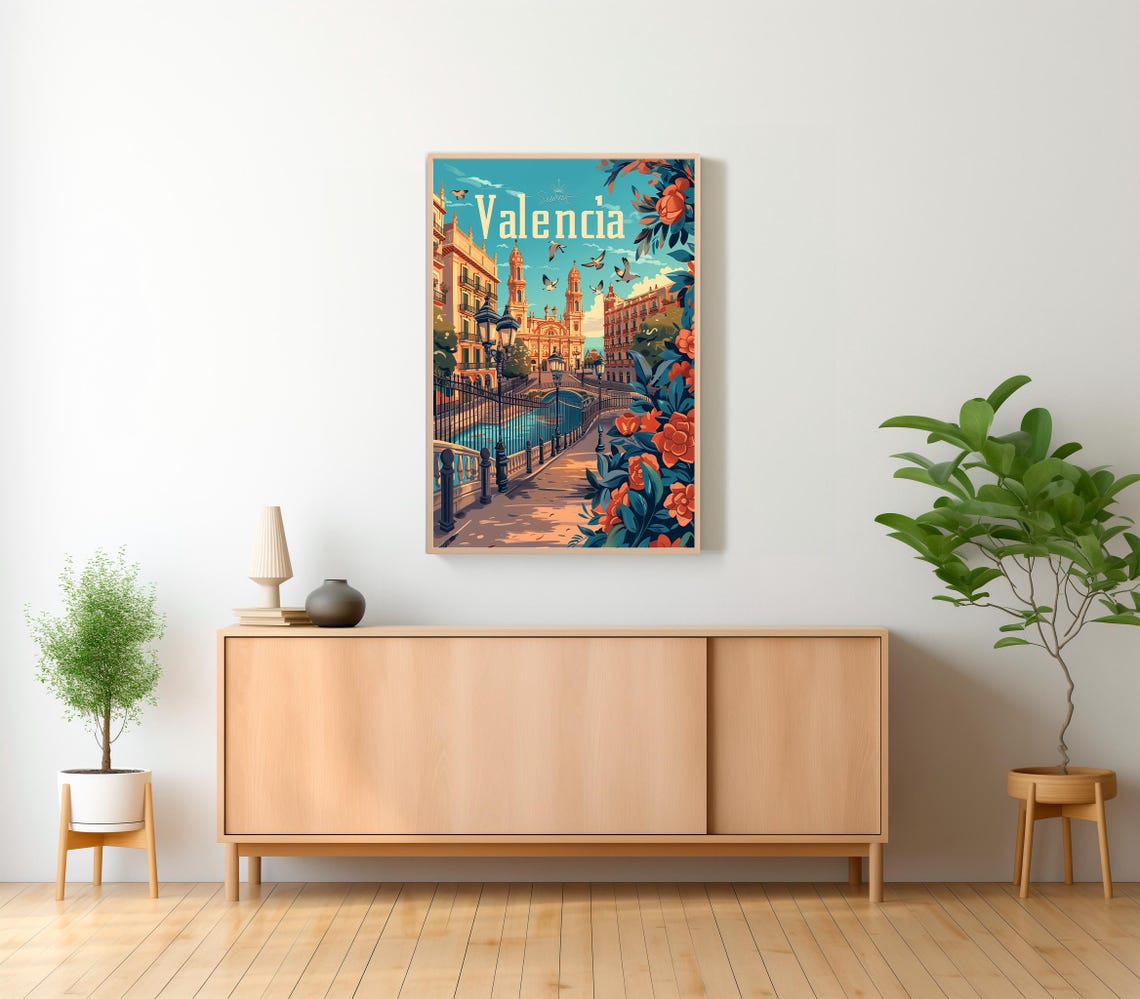 Valencia Spain Retro Travel Poster With Cathedral Turquoise Sky - Image 2