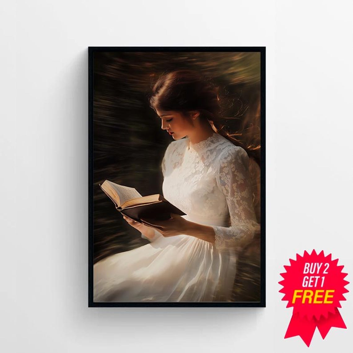 Woman Reading in a White Dress Vintage Style Library Art Poster - Image 4