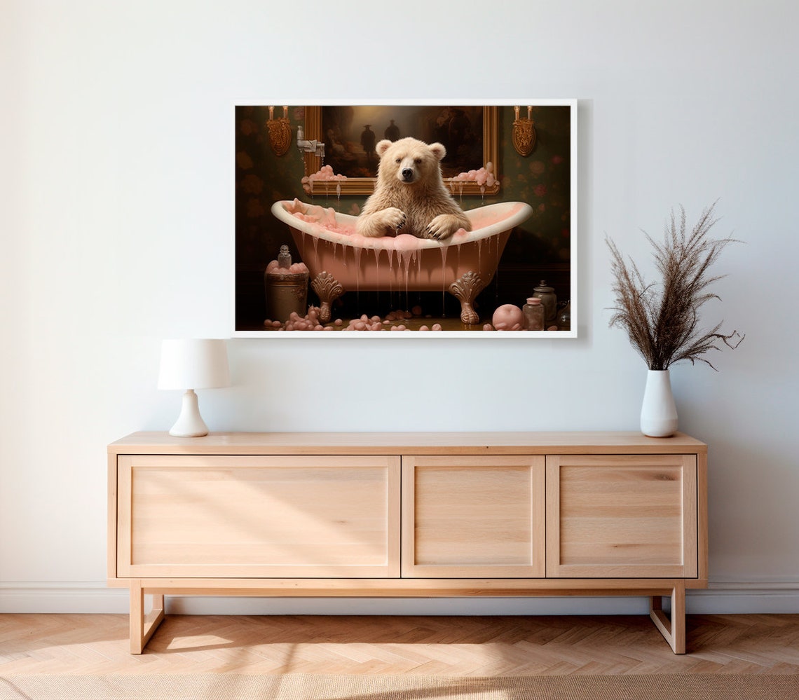 Light Brown Bear Cub in Pink Bubble Bath Vintage Bathroom Art Poster - Image 2