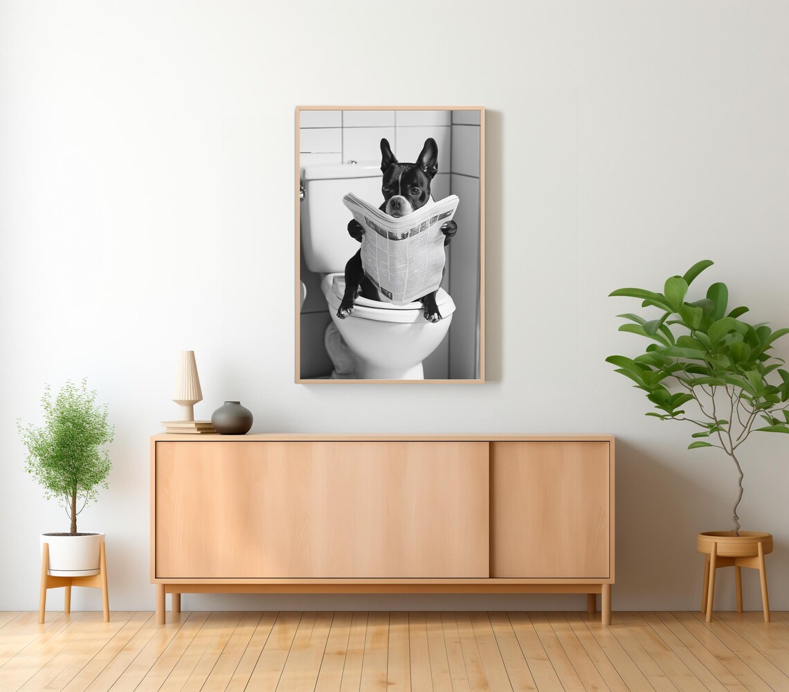 Boston Terrier On Toilet Reading Newspaper Funny Photo Poster - Image 2