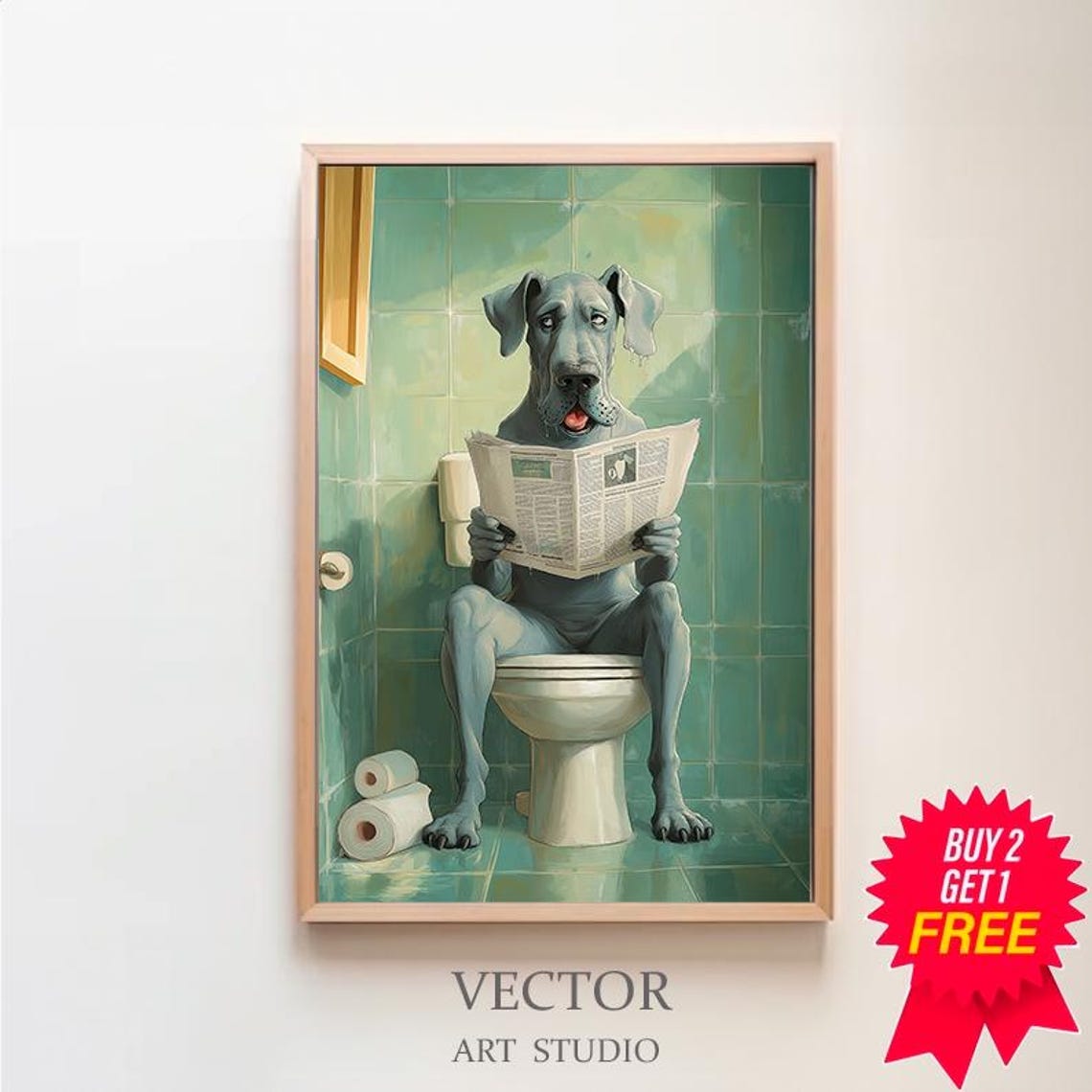 Blue Great Dane Reading Newspaper On A Toilet Funny Dog Poster