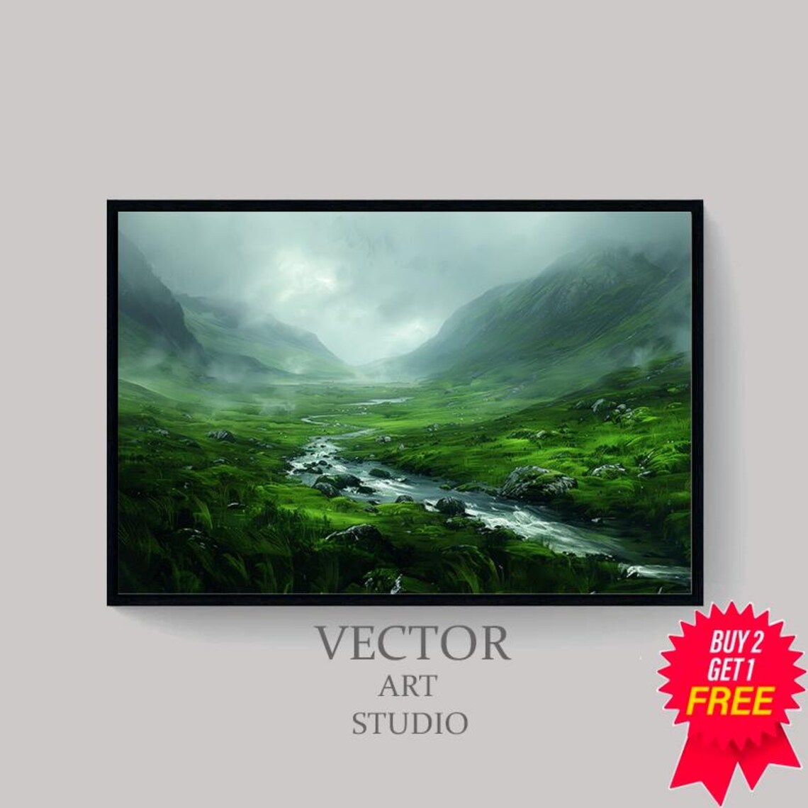 Misty Emerald Green Glen With Winding River Ireland Art Poster - Image 4