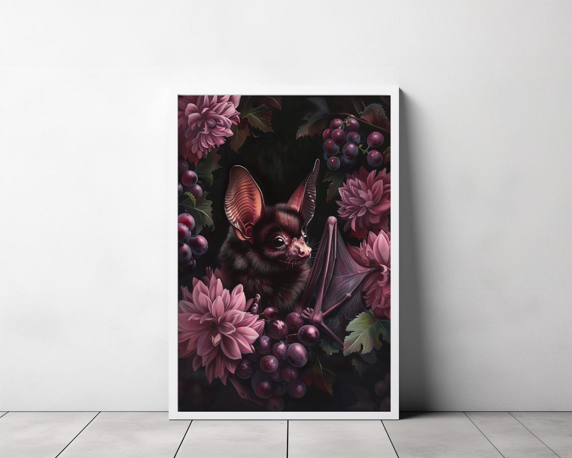 Gothic Fruit Bat with Spread Wing Among Dahlias Dark Floral Art Print - Image 3