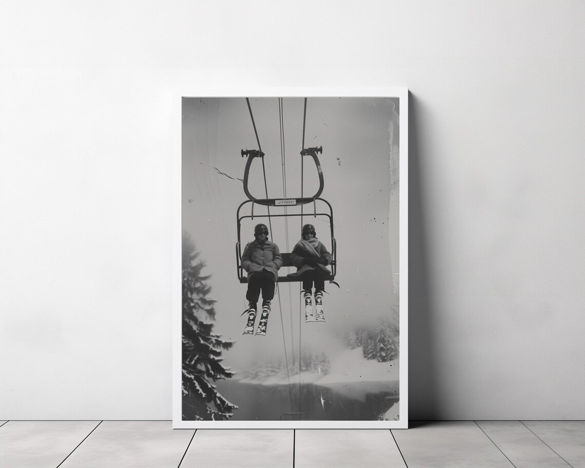 Vintage Ski Chairlift Photo of Two Skiers Over Snowy Slopes Poster - Image 3