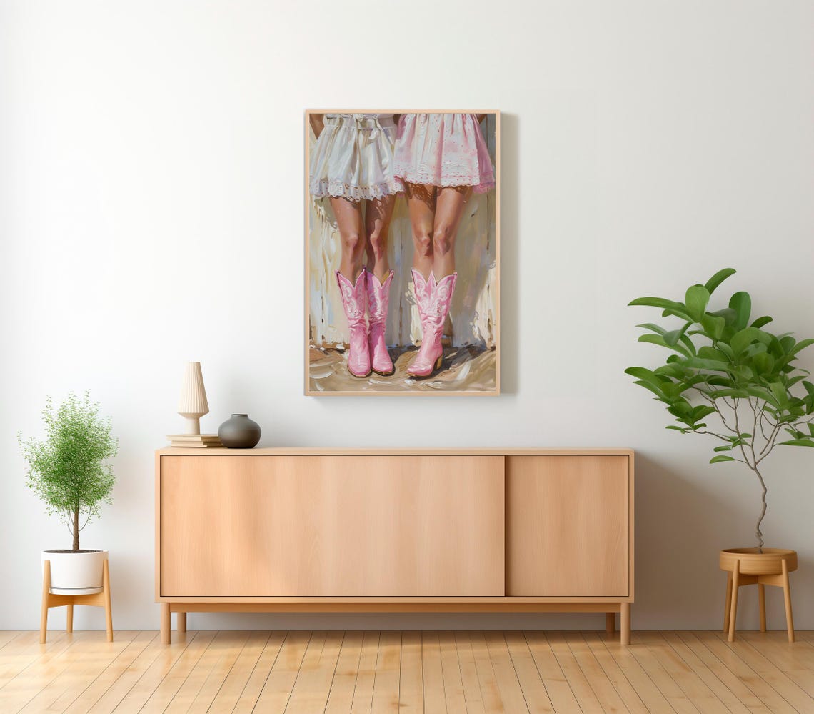 Pink Cowboy Boots with White Ruffle Skirts Western Style Poster - Image 2