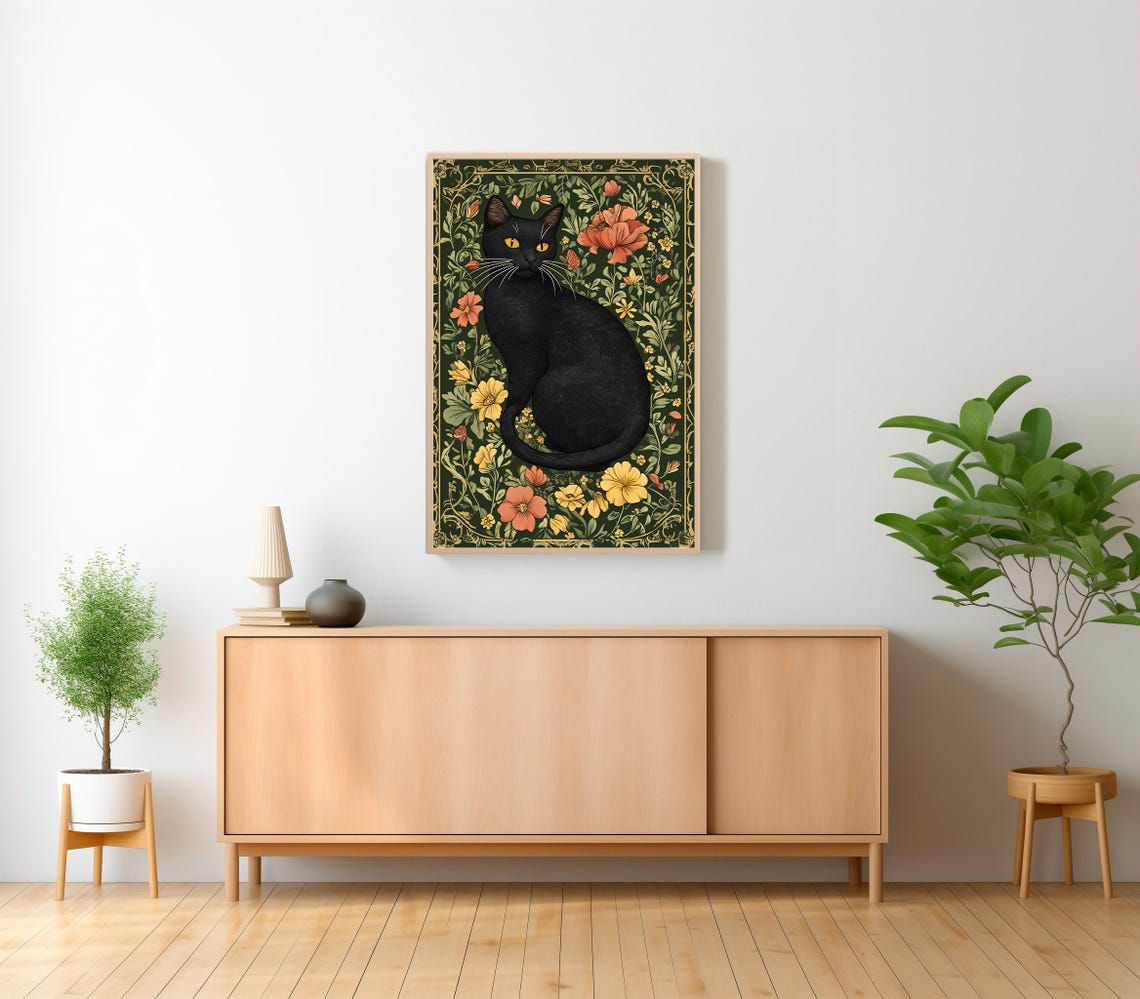 William Morris Style Black Cat among Botanical Flowers Poster - Image 2
