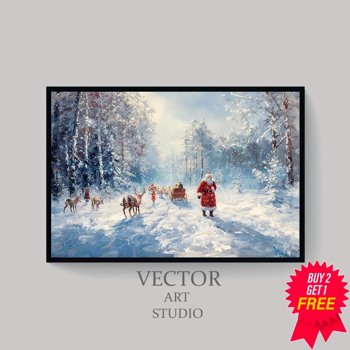 Santa Claus Walking With Reindeer Sleigh In Snowy Forest Wall Art - Image 4