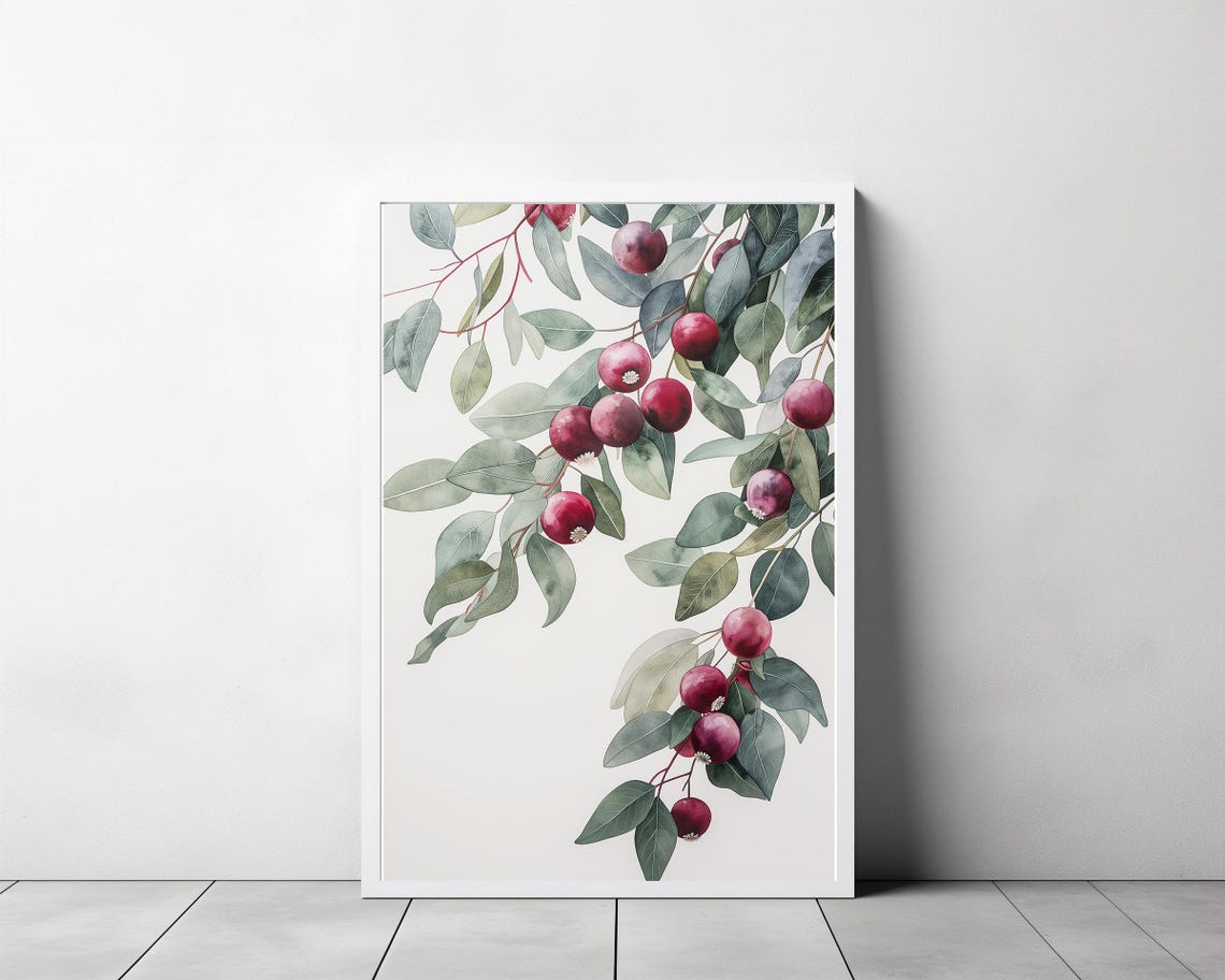 Australian Crimson Berry Eucalyptus Branch Watercolor Botanical Poster - Image 3