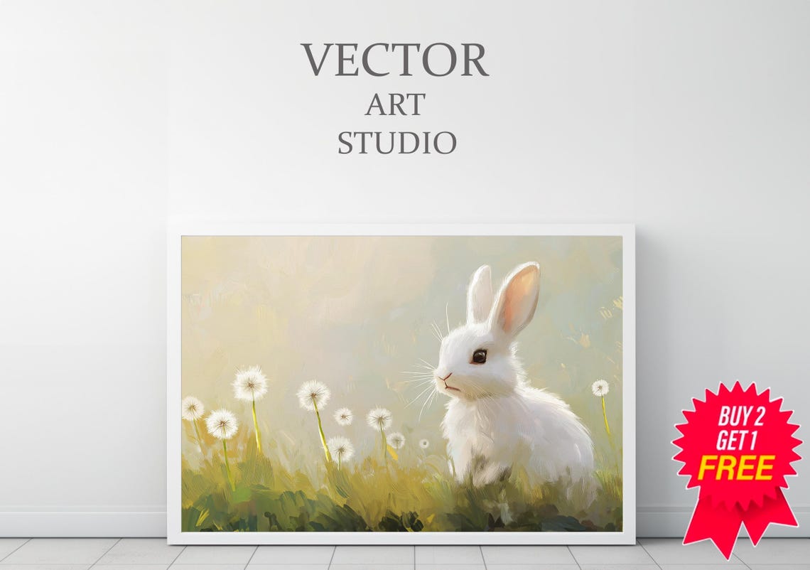 Cute White Bunny Rabbit Sitting Among Dandelions Spring Easter Poster - Image 4