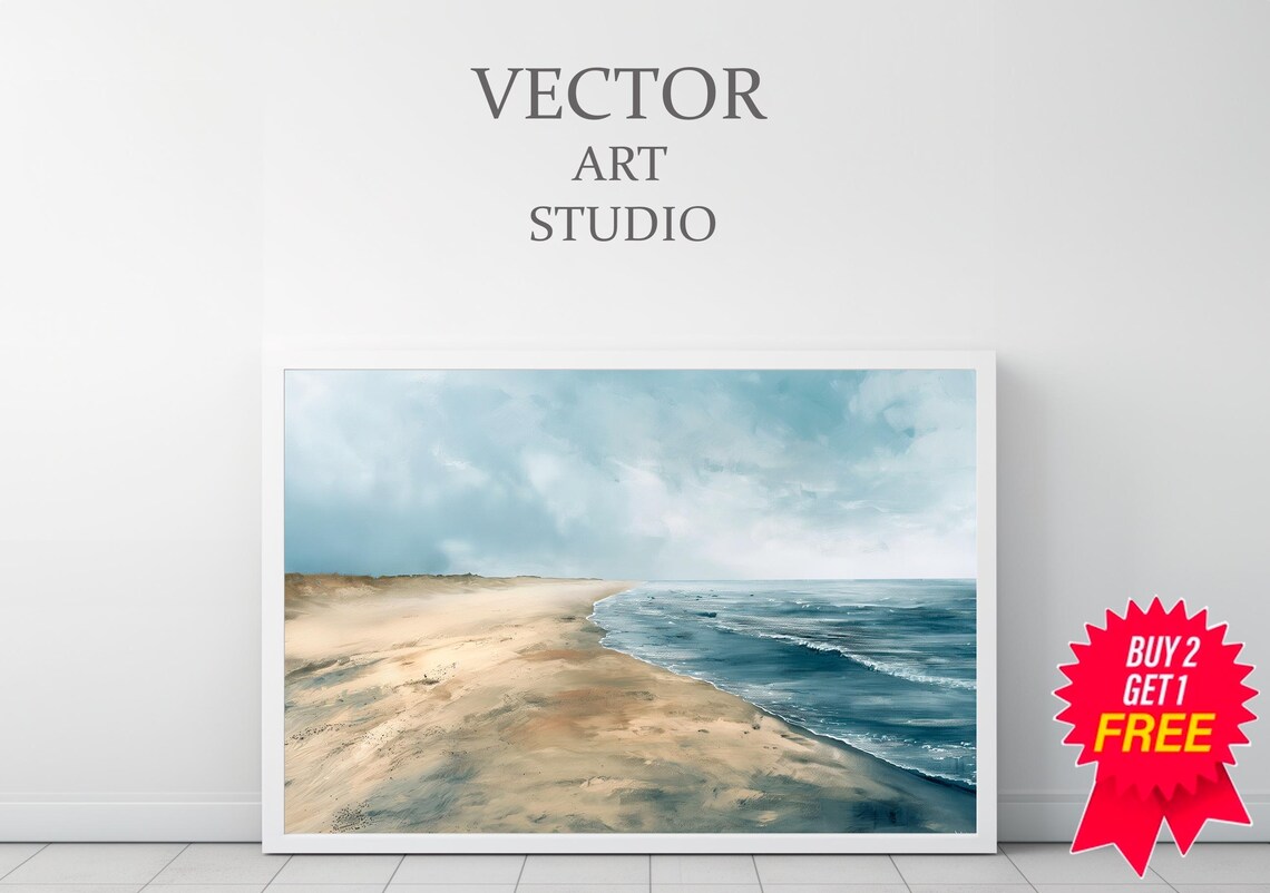 Blue Grey Sky Over a Wide Sandy Beach Shoreline Seascape Art Poster - Image 3