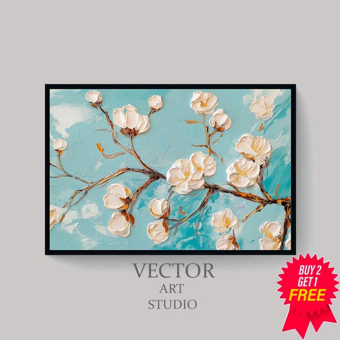 White Blossom Buds In Thick Texture Teal Floral Painting Wall Art - Image 4