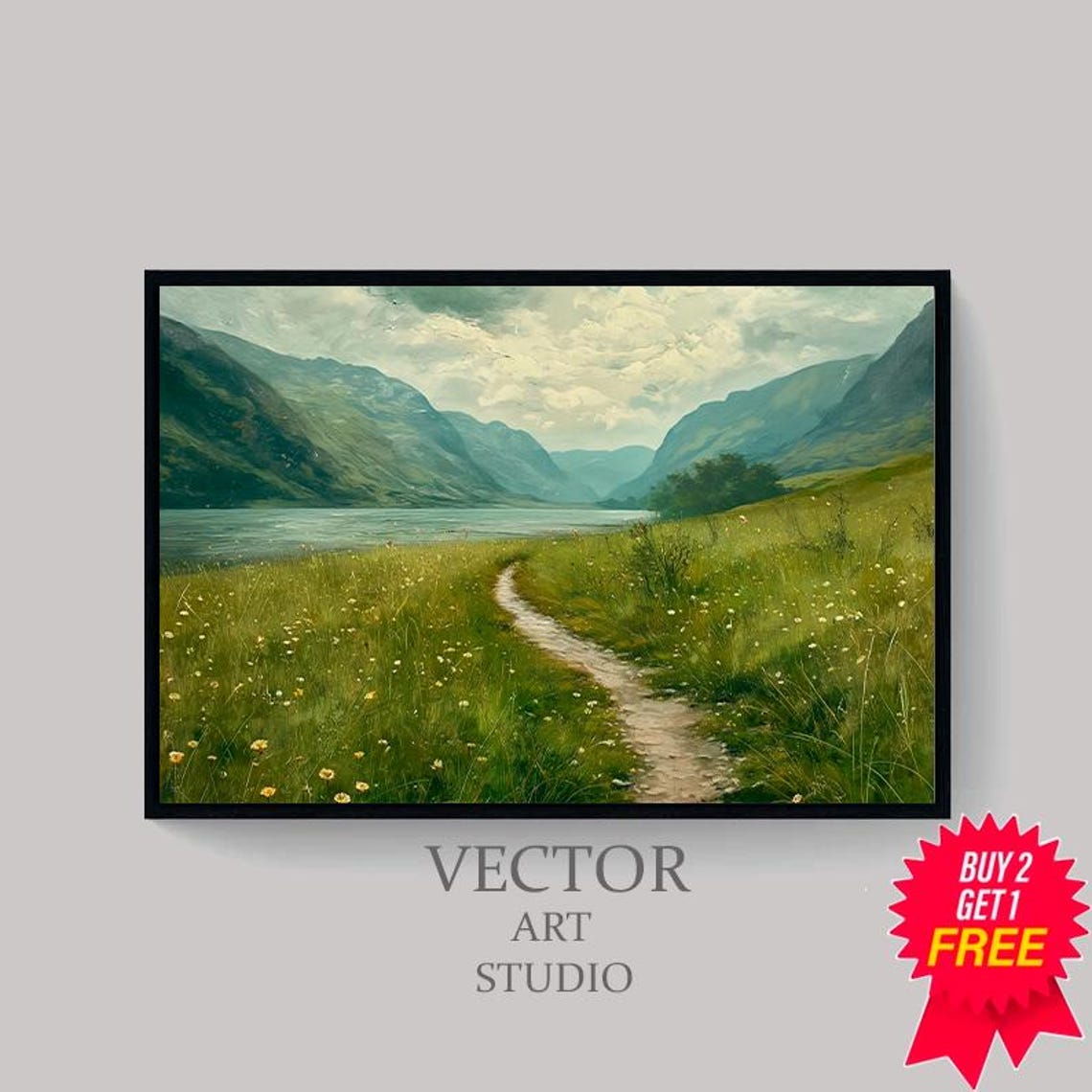 Rustic Country Field Artwork Perfect For Home Refresh Vintage Landscape Mountain Spring Meadow Painting - Image 4