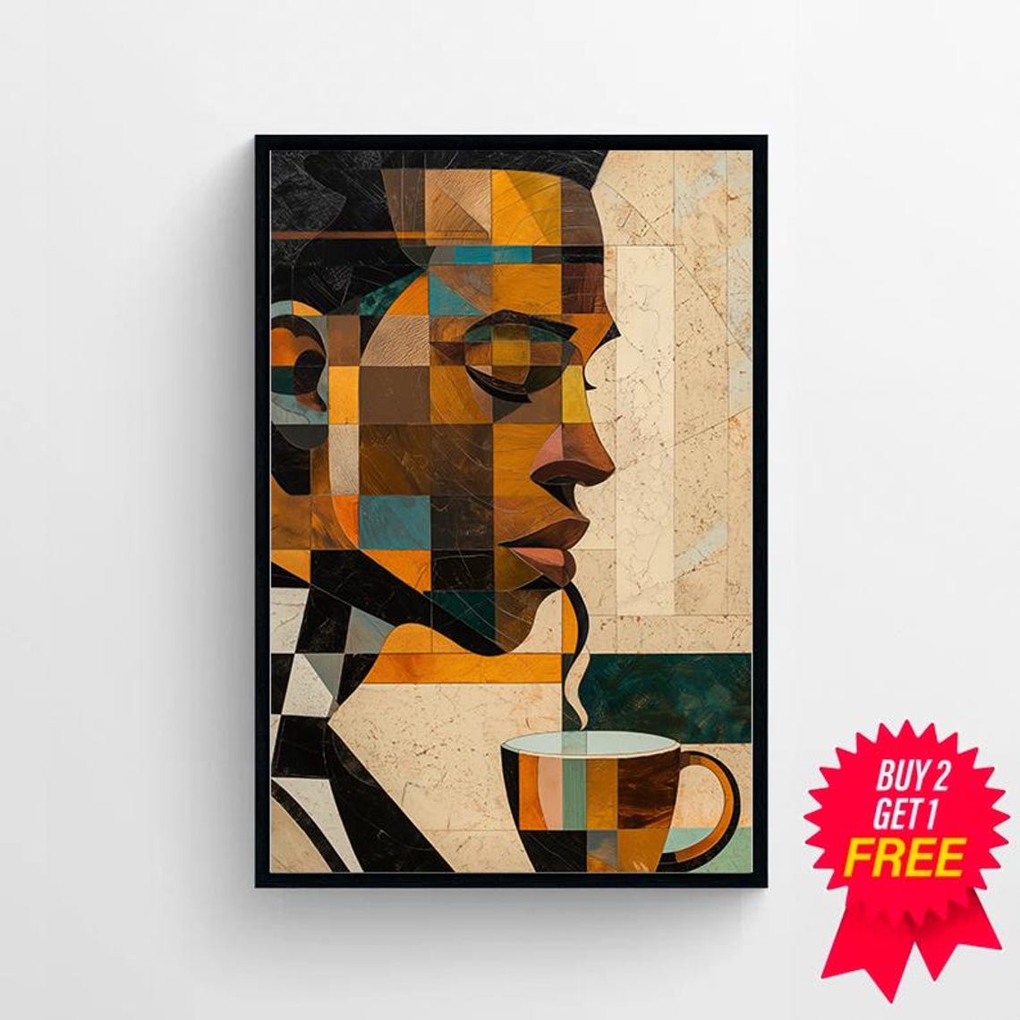Geometric Cubist Portrait of a Man Holding a Coffee Cup Poster - Image 4