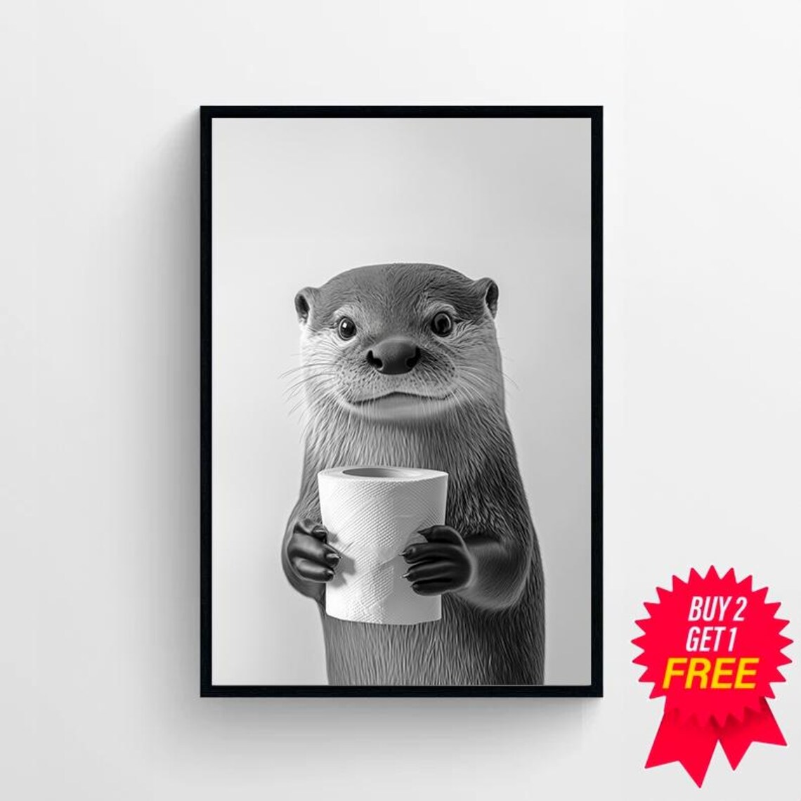 Funny Otter Holding Toilet Paper Black White Bathroom Poster - Image 4
