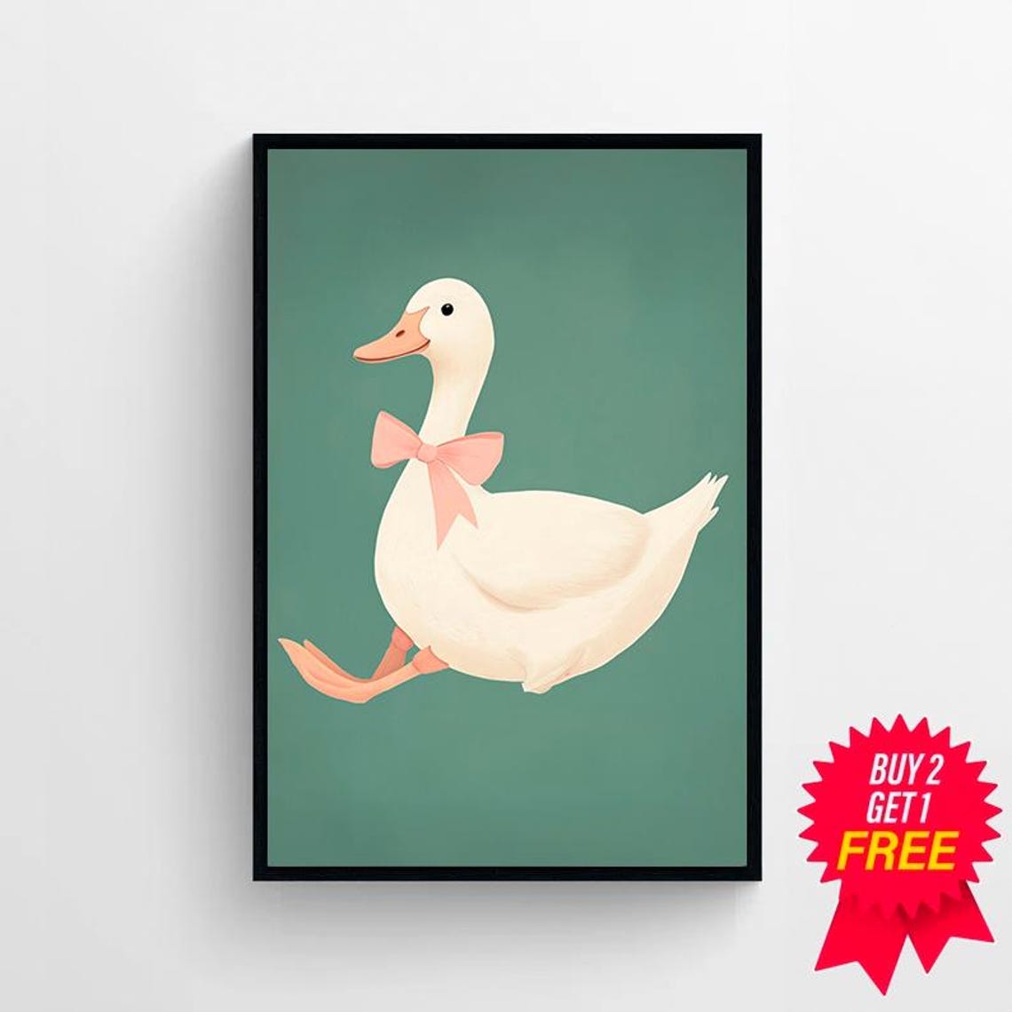 Playful White Duck With Pink Bow Jumping on Dark Teal Poster - Image 4