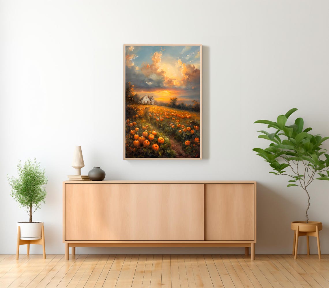 Golden Pumpkin Patch Field at Sunset with White Farmhouse Poster - Image 2