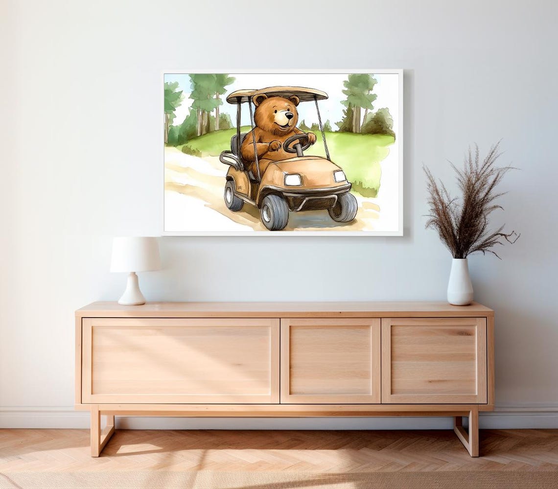 Smiling Bear Driving Golf Cart Watercolor Nursery Golf Theme Poster - Image 2