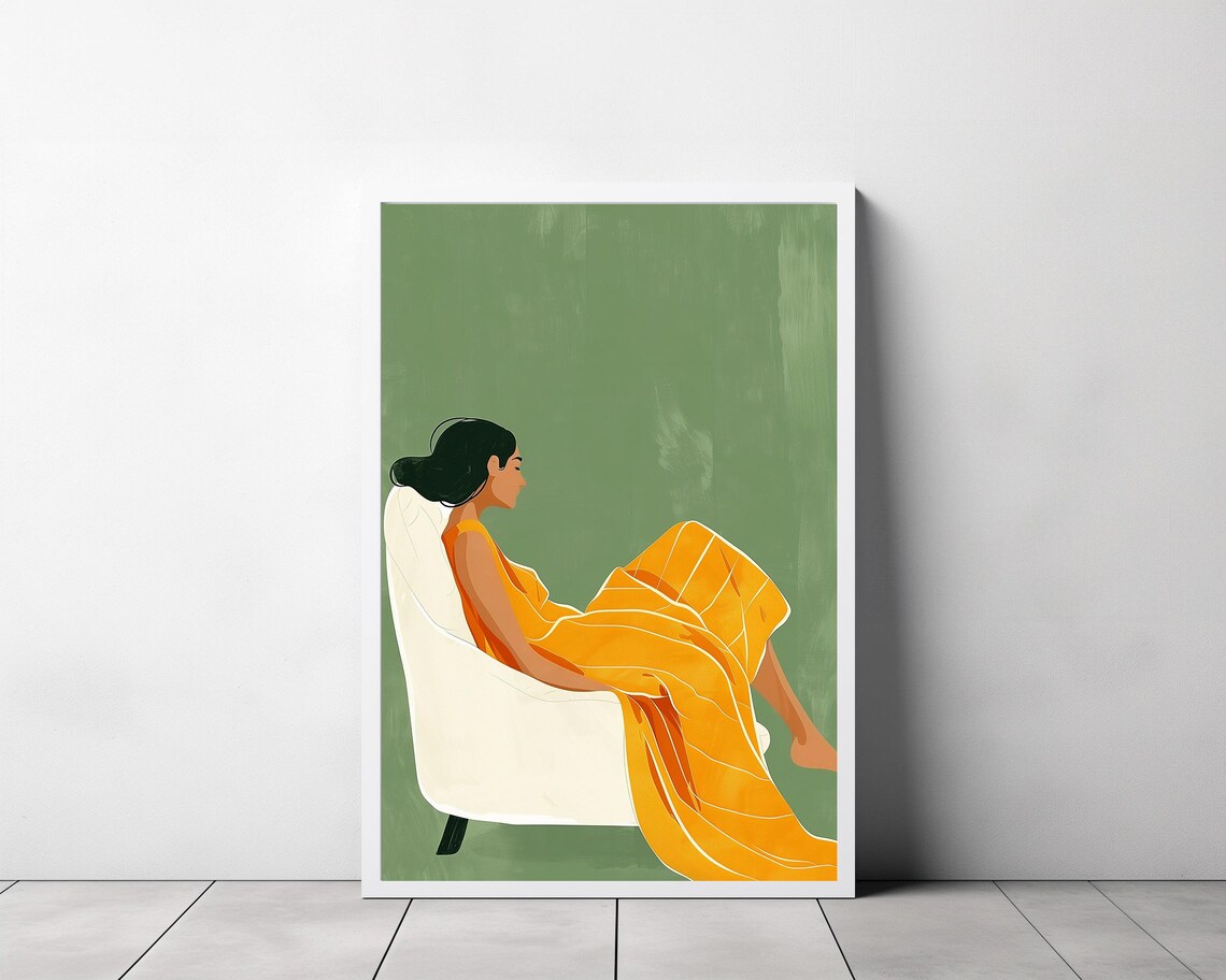 Woman in a Flowing Orange Dress Resting on a White Chair Poster - Image 3