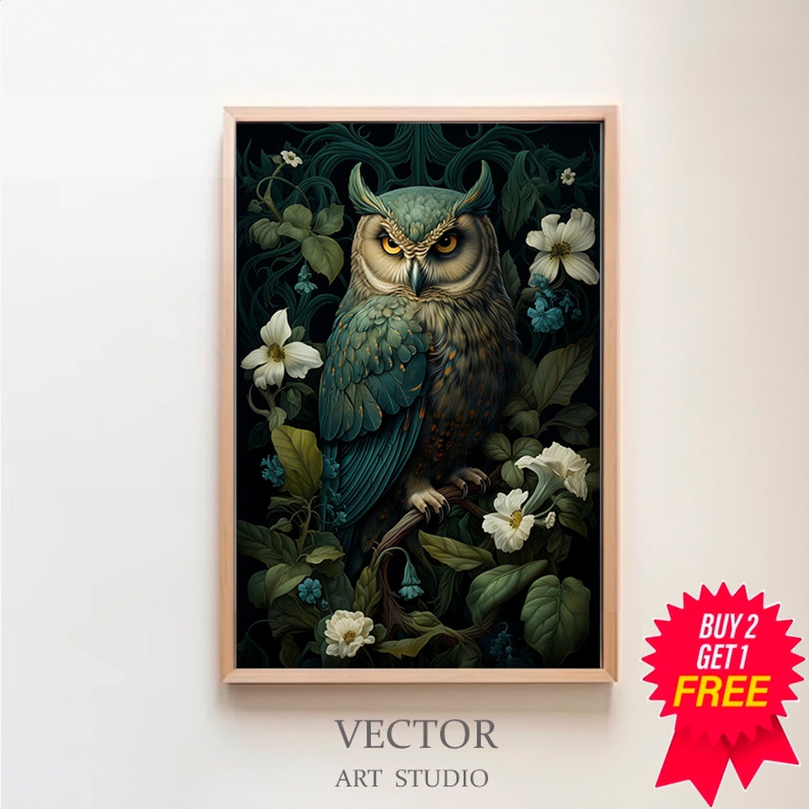 Great Horned Owl Among White Blossoms in a Dark Forest Art Poster
