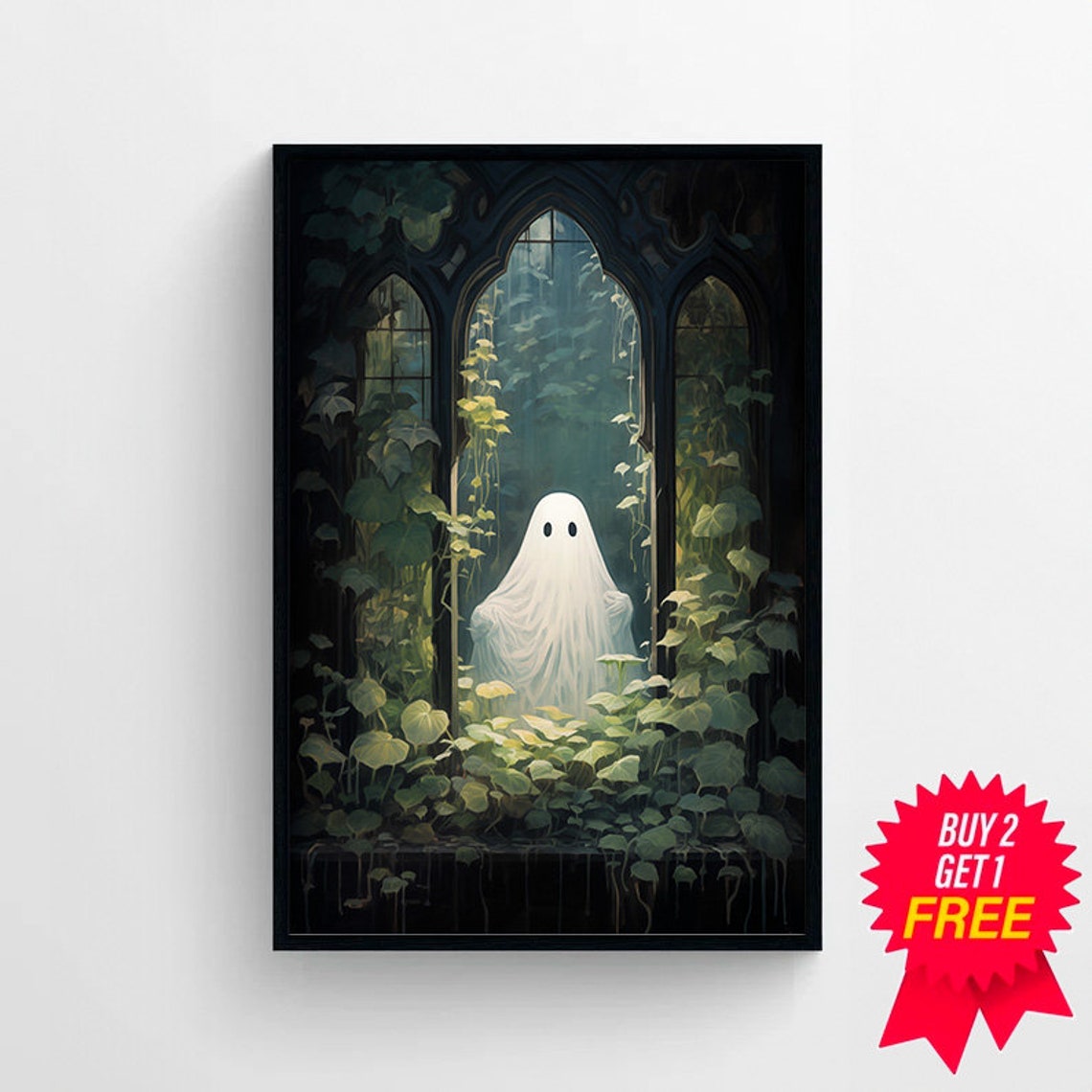 Ghost Peeking Through a Gothic Arched Ivy-Covered Window Poster - Image 4