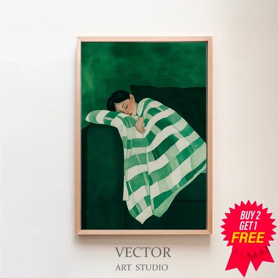 Sleeping Woman Emerald Green Stripe Blanket Couch Art Poster