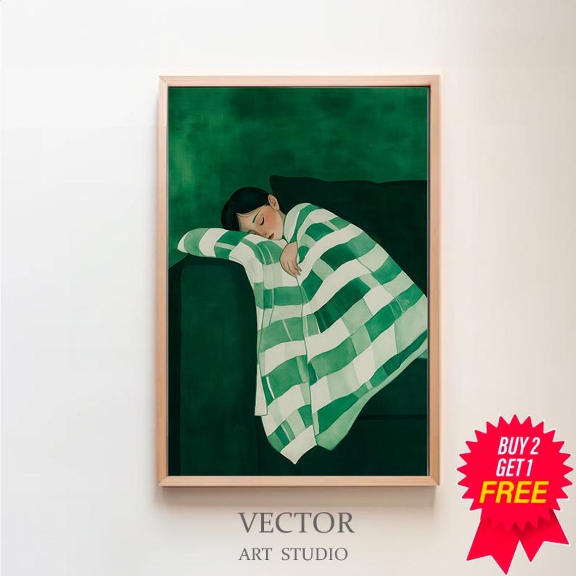 Sleeping Woman Emerald Green Stripe Blanket Couch Art Poster