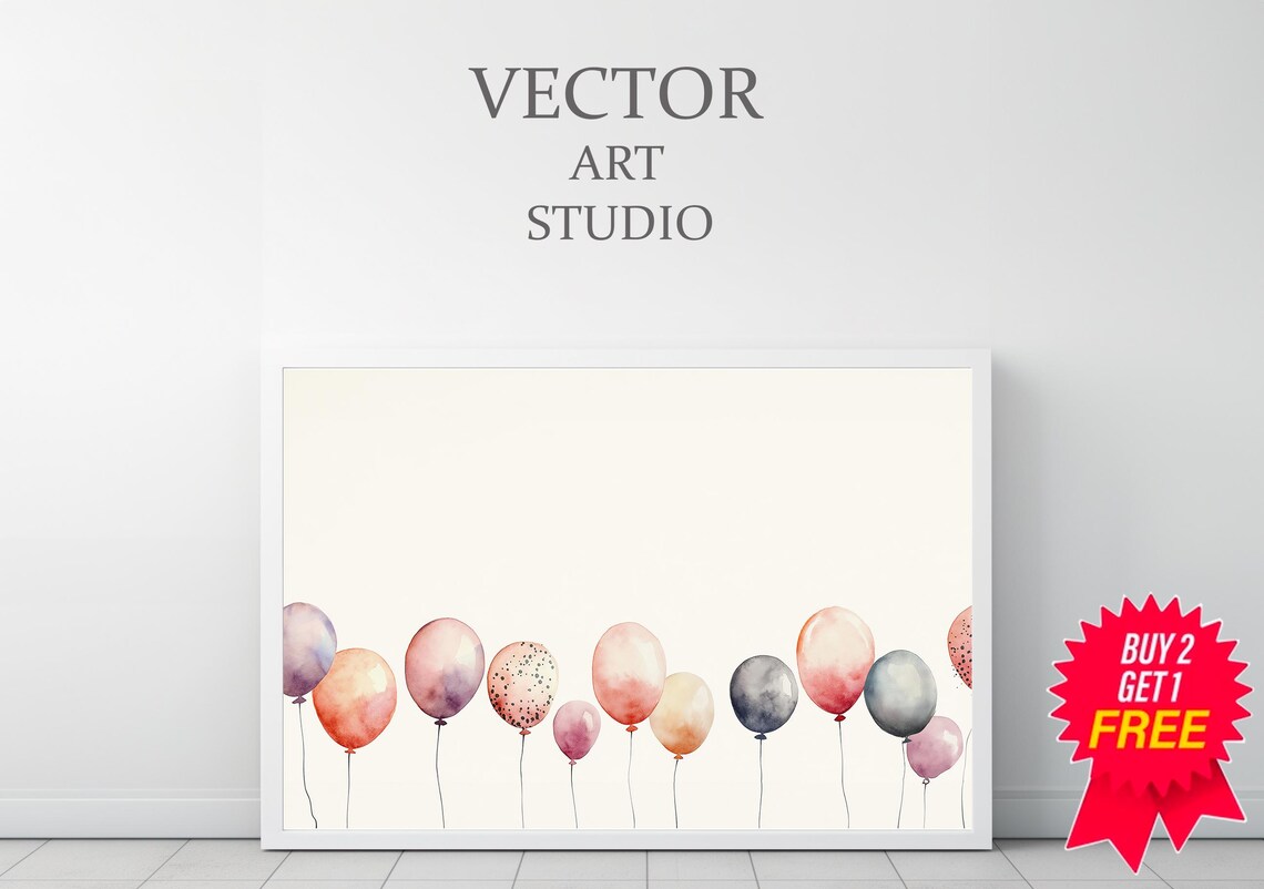Pastel Watercolor Balloons Row Birthday Party Celebration Art Print - Image 3