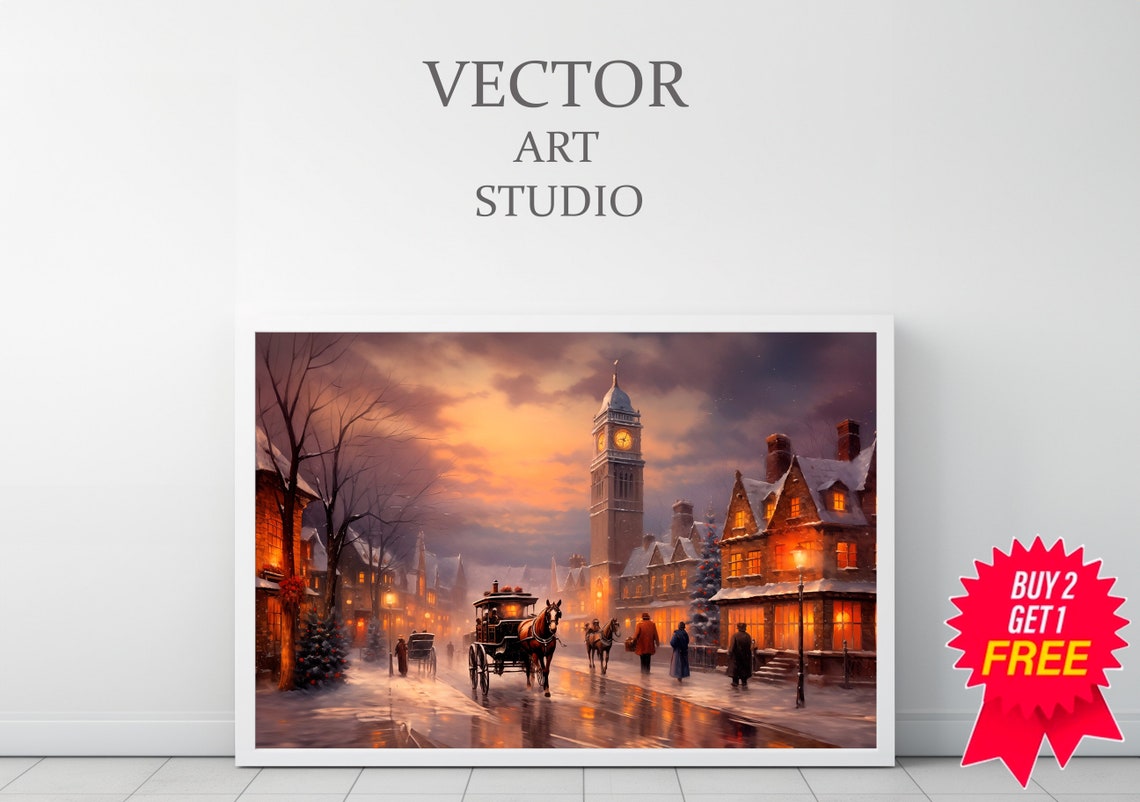 Victorian Christmas Town at Dusk With Clock Tower and Carriage Poster - Image 3