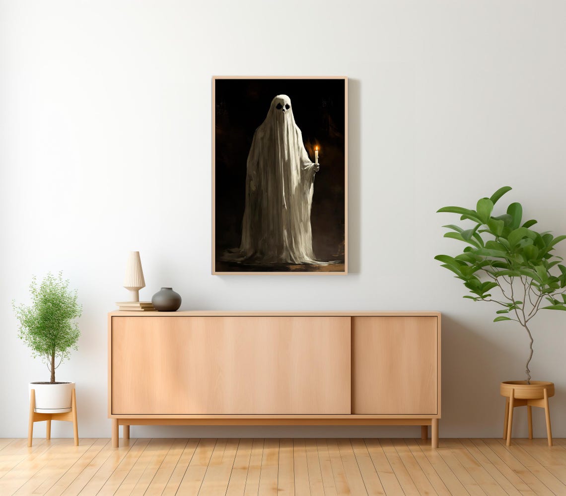 Classic White Sheet Ghost With Candle Black Background Poster - Image 2