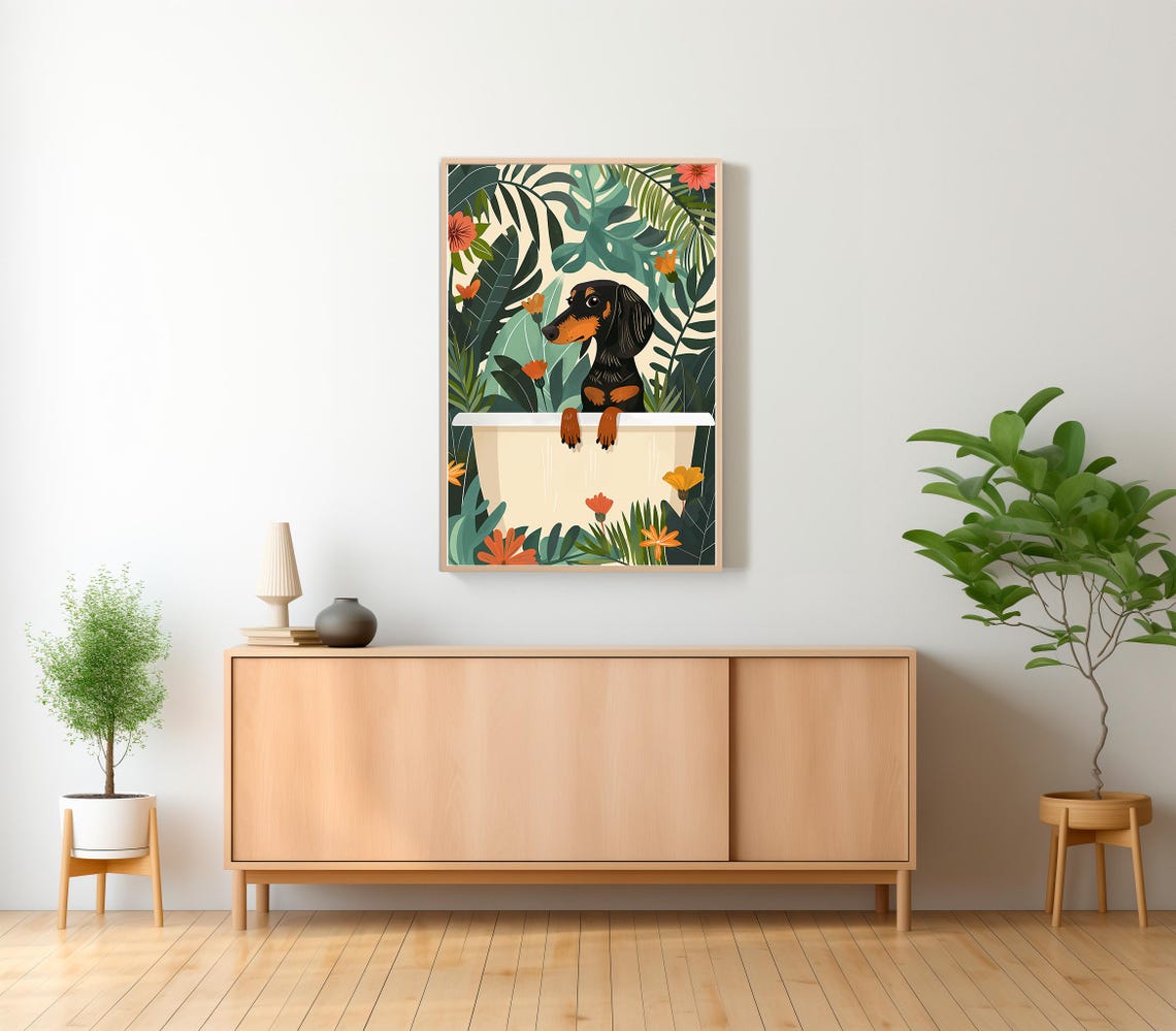 Dachshund Standing Alert in White Bathtub Monstera Leaves Poster - Image 2