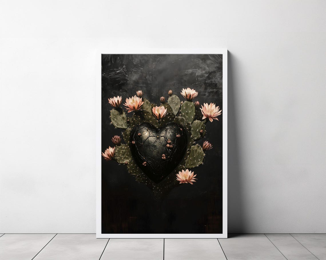Prickly Pear Cactus Heart Blooming With Pink Flowers On Black Poster - Image 3