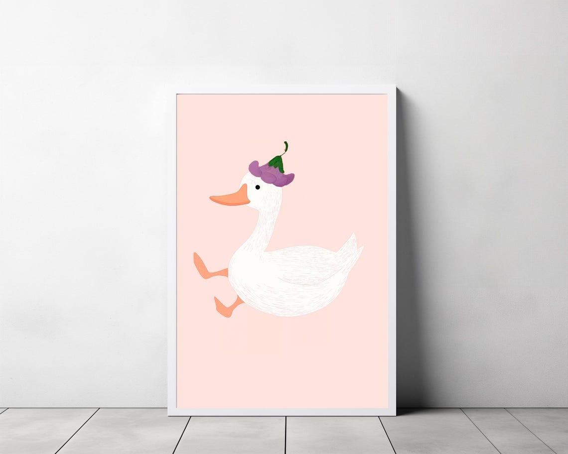 Cute White Duck With Purple Flower Hat on Pink Nursery Poster - Image 3