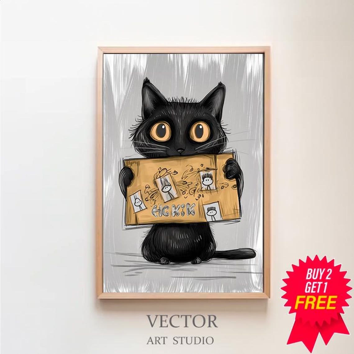 Funny Black Cat Holding Scribbled Cardboard Box Cute Cartoon Poster