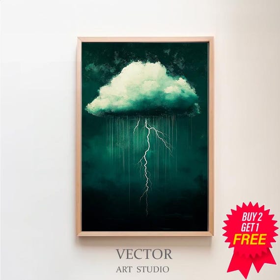 Emerald Green Lightning Cloud Art Cloud Art Minimalist Wall Decor Cloud Print Lightning Art Moody Cloud Art