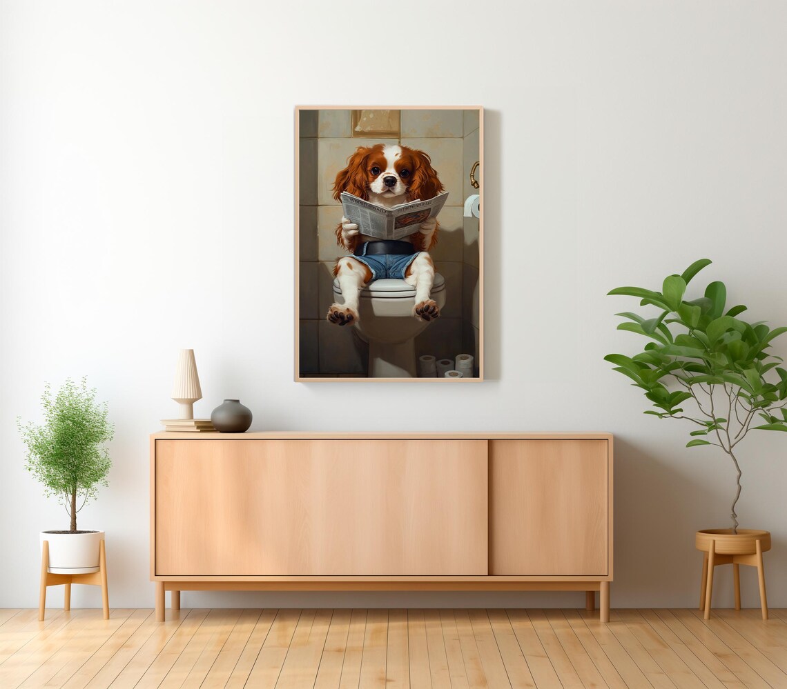 Cavalier King Charles Puppy On Toilet Reading Newspaper Poster - Image 2