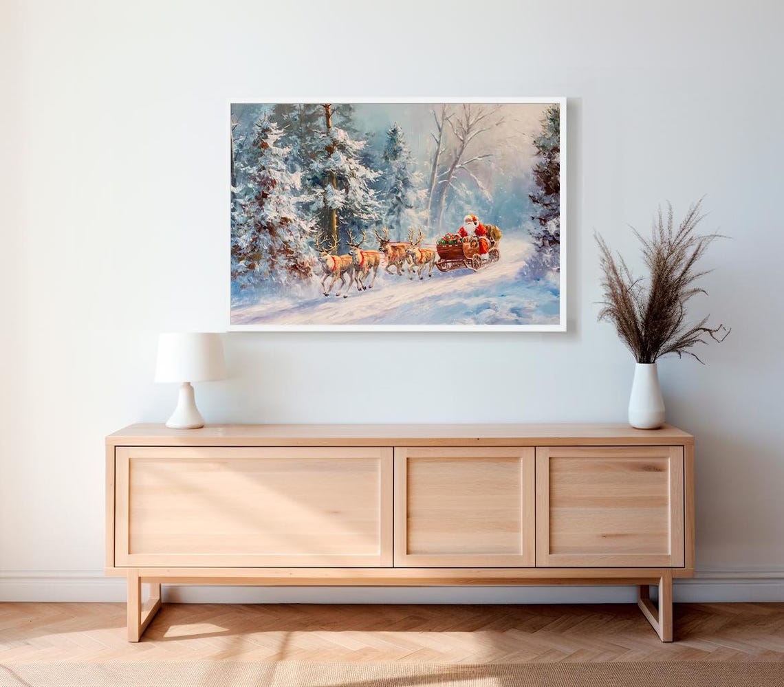 Santa Sleigh With Reindeer In Snowy Forest Christmas Wall Art - Image 2