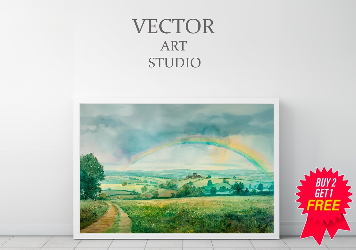 Rainbow Over Rolling Green Countryside Watercolor Landscape Poster - Image 3