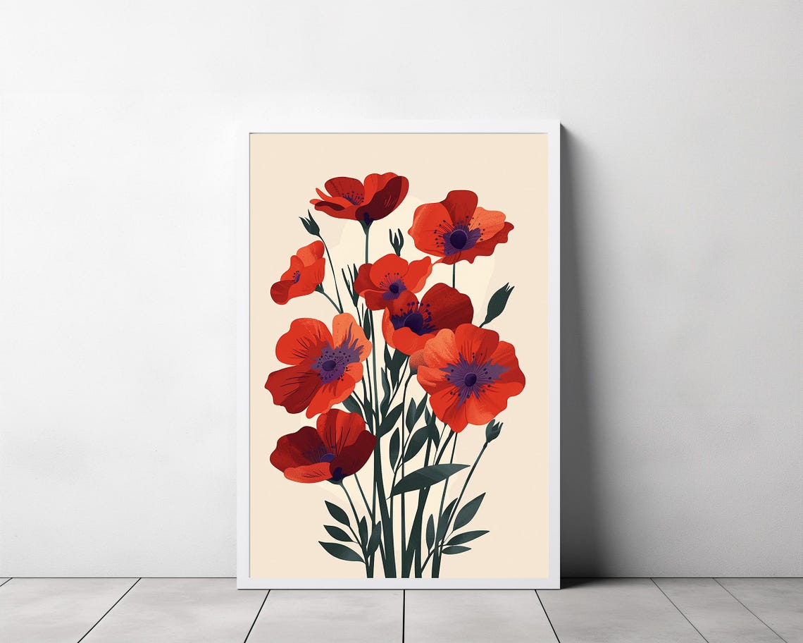 Vintage Red Poppy Bouquet on a Cream Background Bold Floral Poster - Image 3