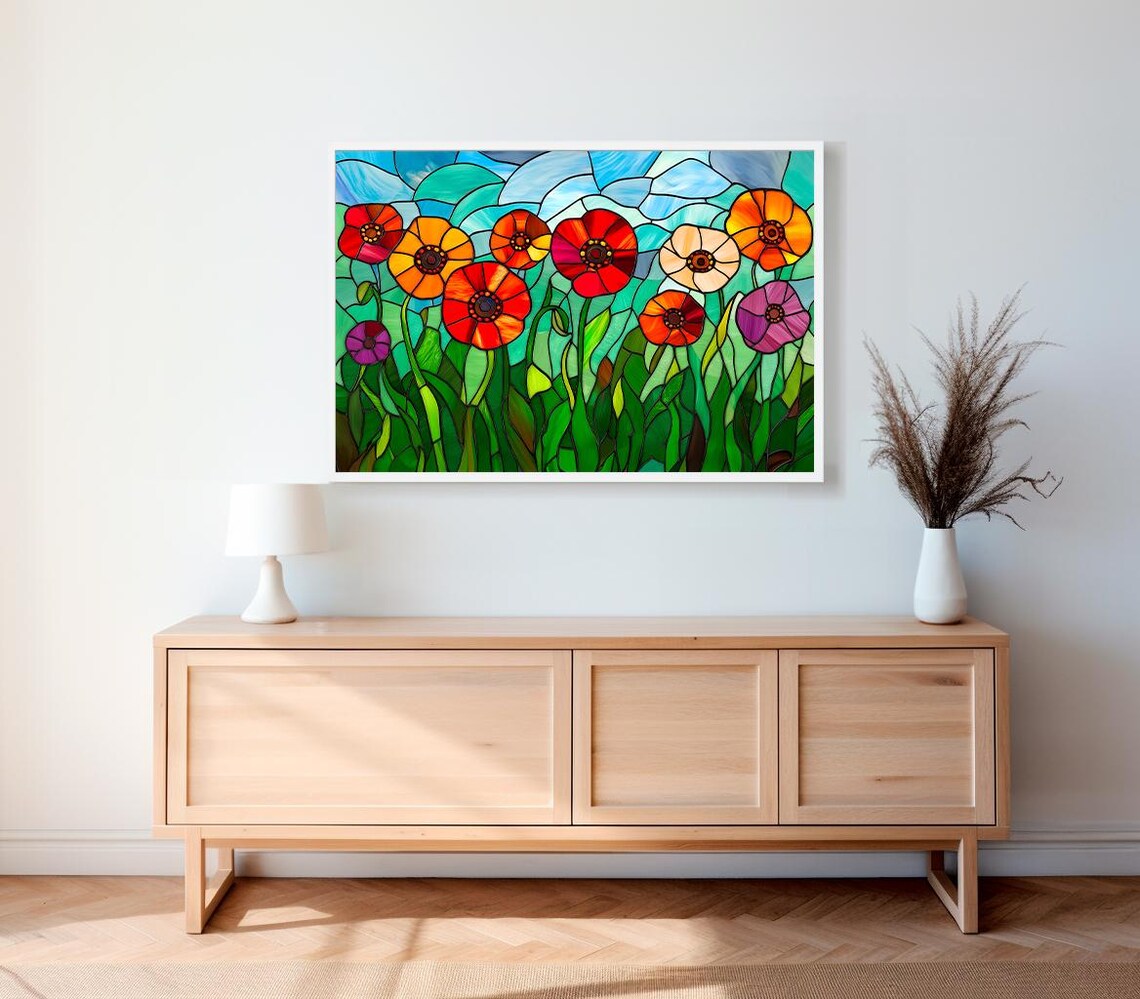 Stained Glass Poppies In Red Orange And Purple Floral Poster - Image 2