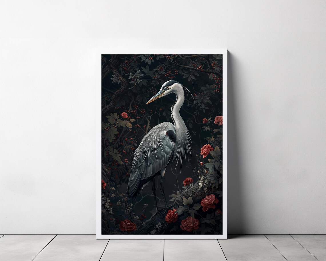 Grey Heron in Profile Among Red Roses in a Dark Garden Night Poster - Image 3