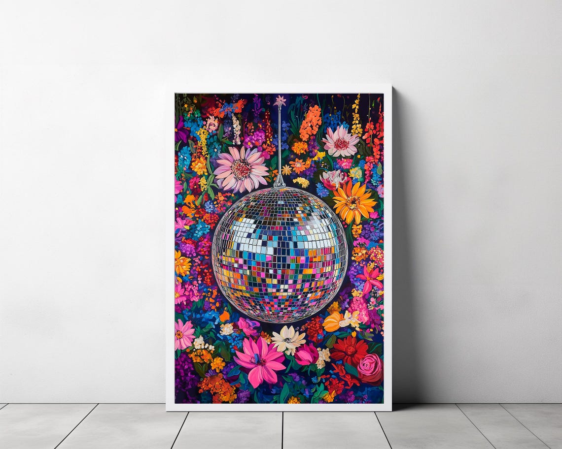 Wall Art Disco Ball Maximalist Oil Painting Living Room Colorful Trendy Kitsch Pink Print Vivid Bold Dopamine Botanical Picture - Image 3