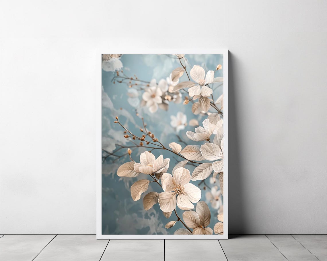 White Blossom Branches with Cream Leaves on Dusty Blue Poster - Image 3
